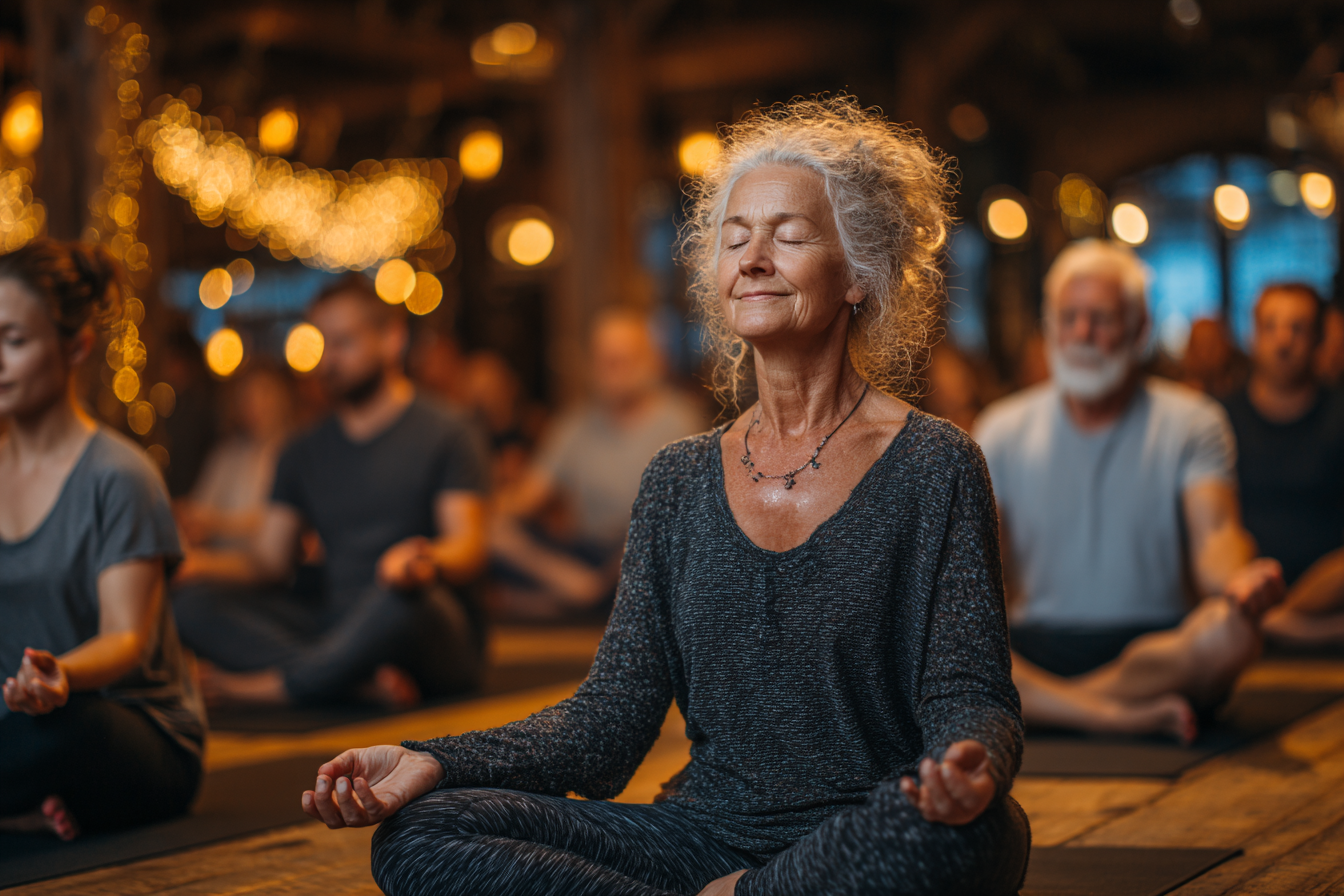 Досвідчена інструкторка йоги проводить заняття для старших людей у затишній студії