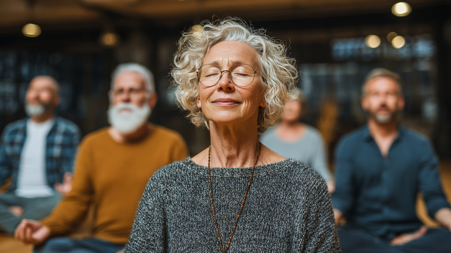 Група старших людей займається йогою у світлій студії з інструктором